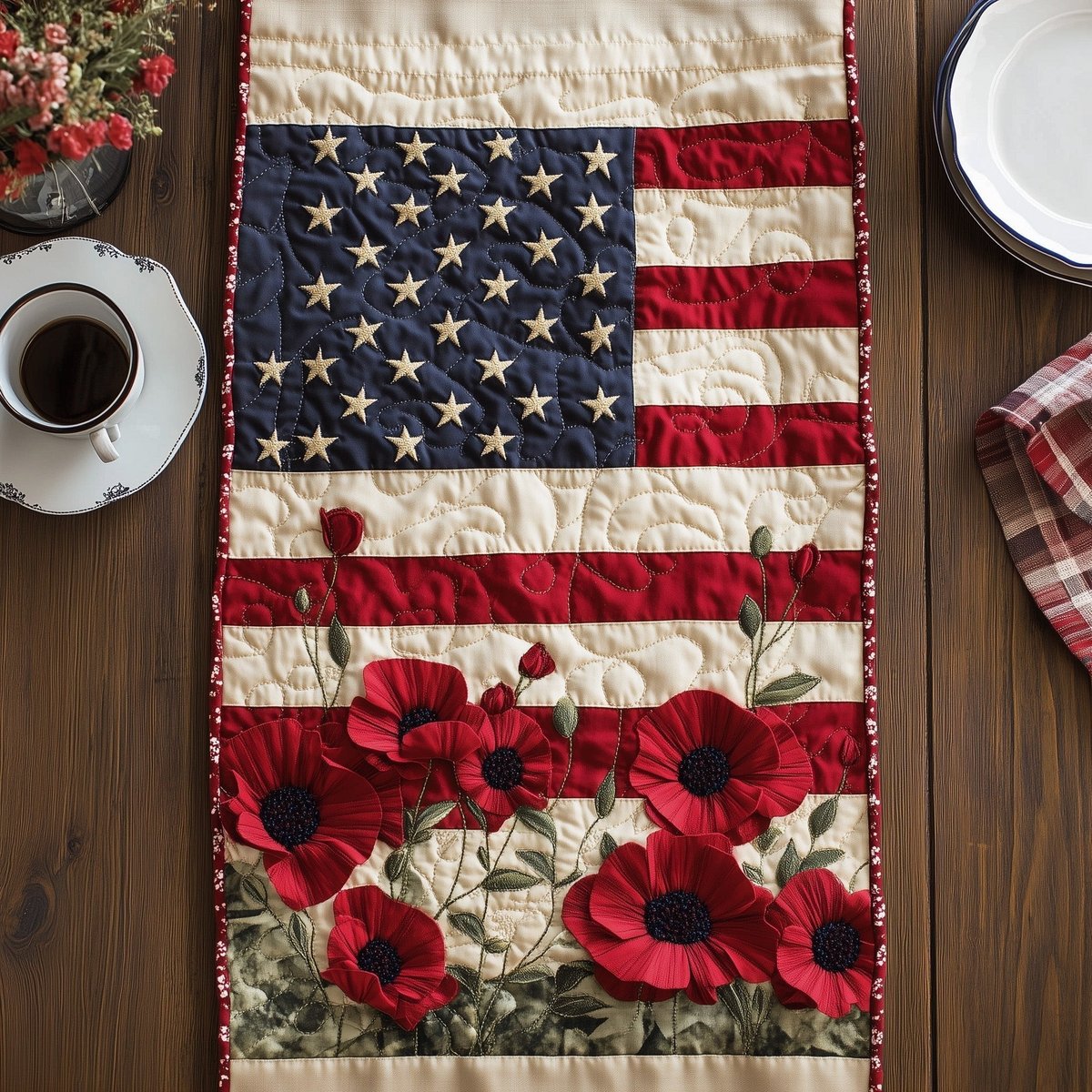 Scattered Poppies on Flag Stripes Table Runner - Made to Order TABLE928