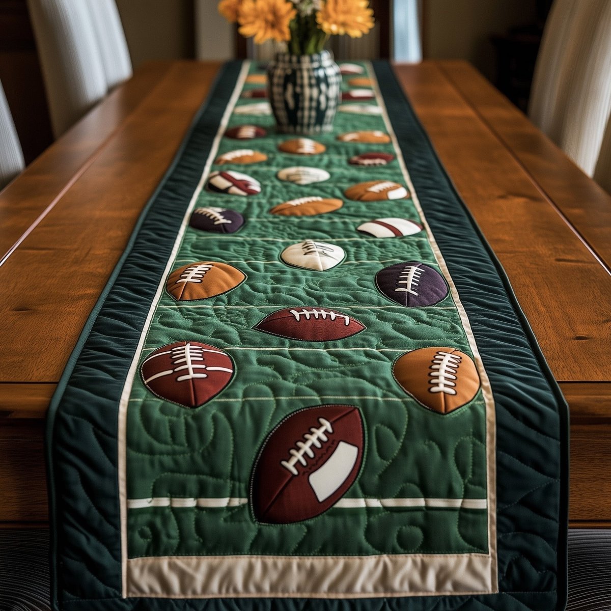 Scattered Footballs on Deep Green Table Runner - Made to Order TABLE928