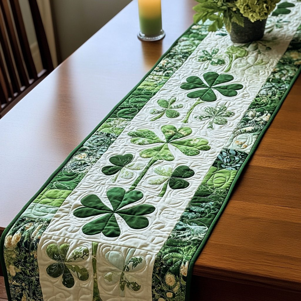 Scattered Clovers on White Quilting Table Runner - Made to Order TABLE928