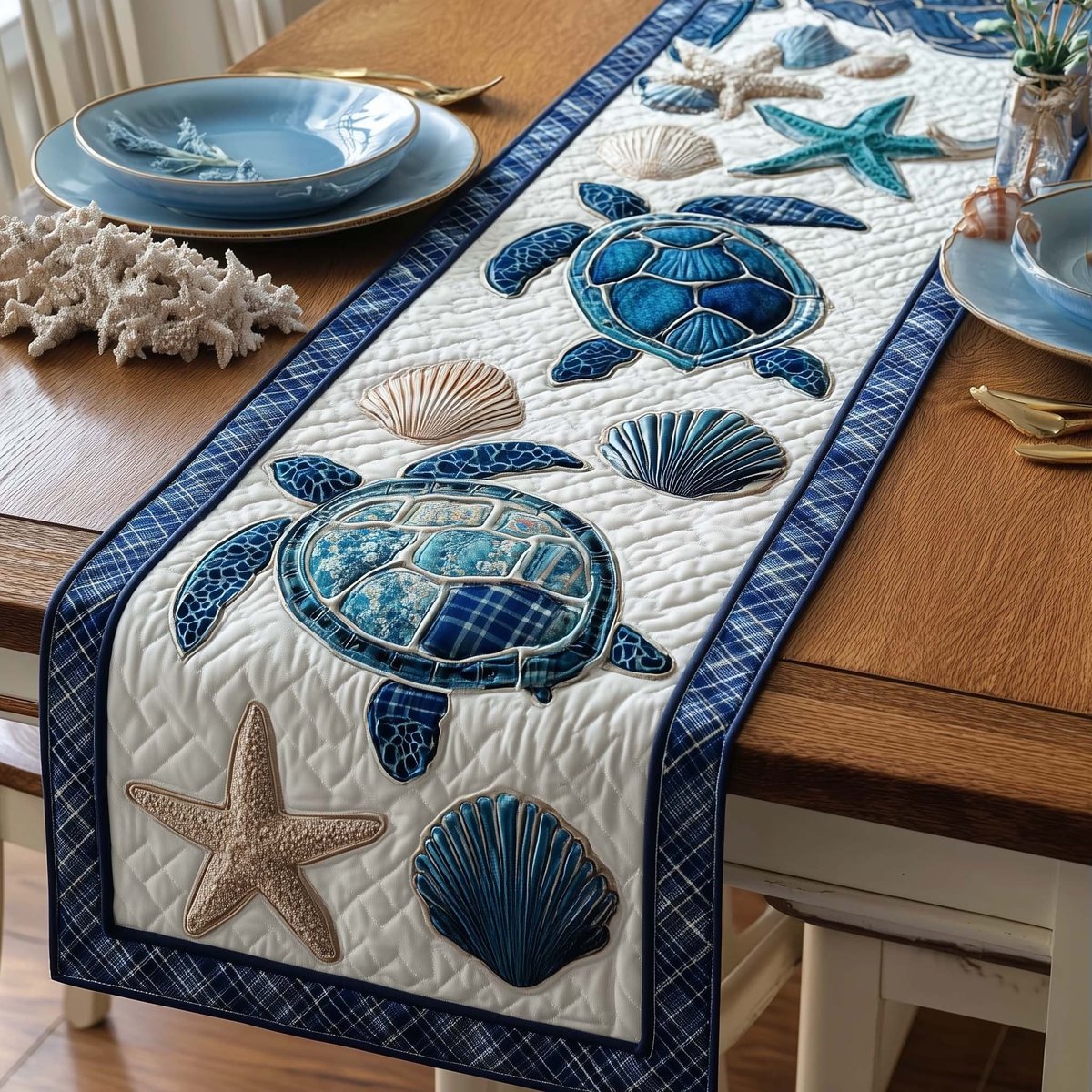 Blue Turtles and Shells on Cream Table Runner - Made to Order TABLE928