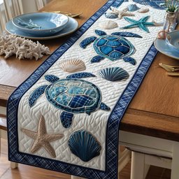 Blue Turtles and Shells on Cream Table Runner - Made to Order TABLE928