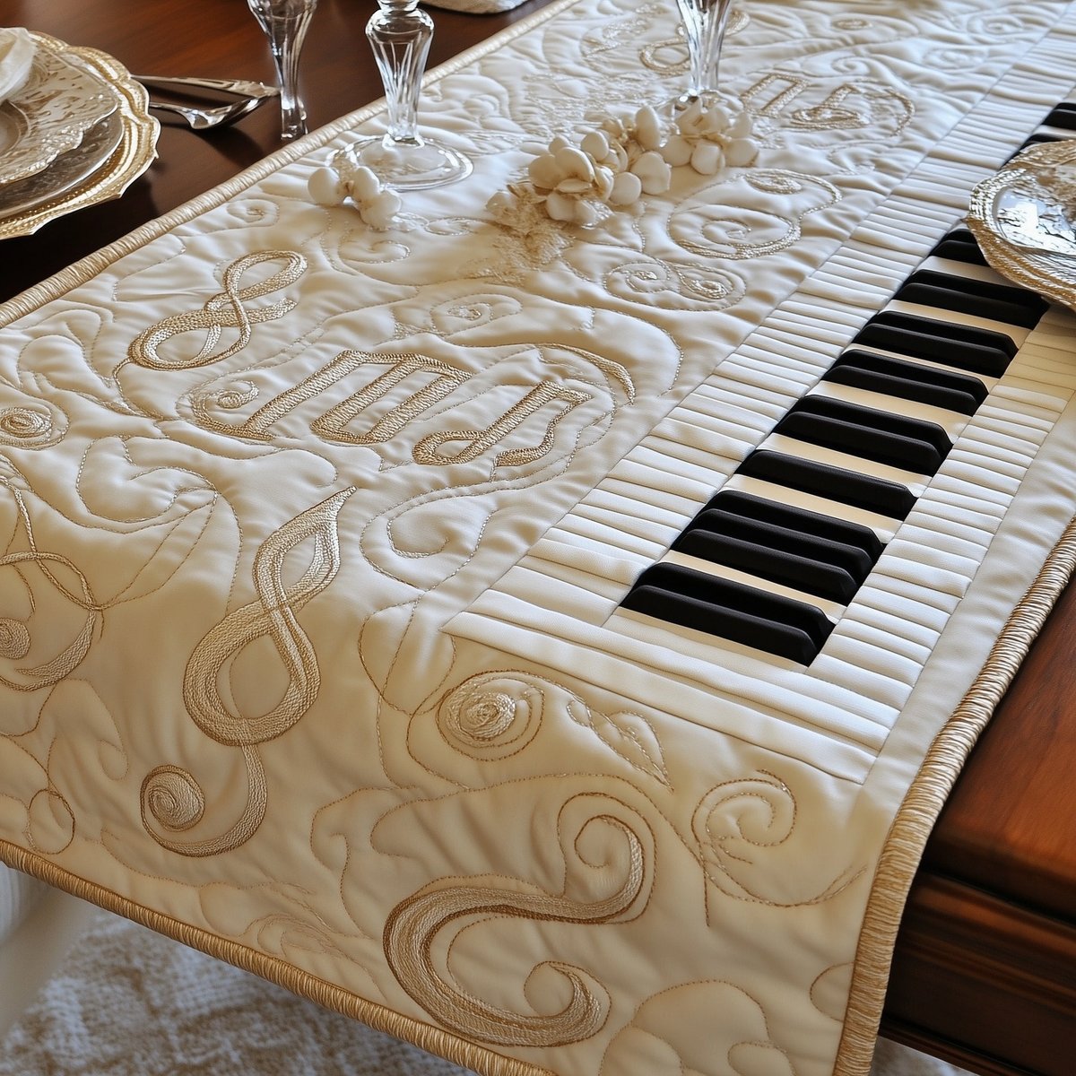 Cream Piano Keyboard with Soft Scrolls Table Runner - Made to Order TABLE928