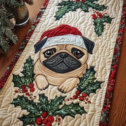 Santa Hat Pug with Holly Berries Table Runner - Made to Order TABLE928