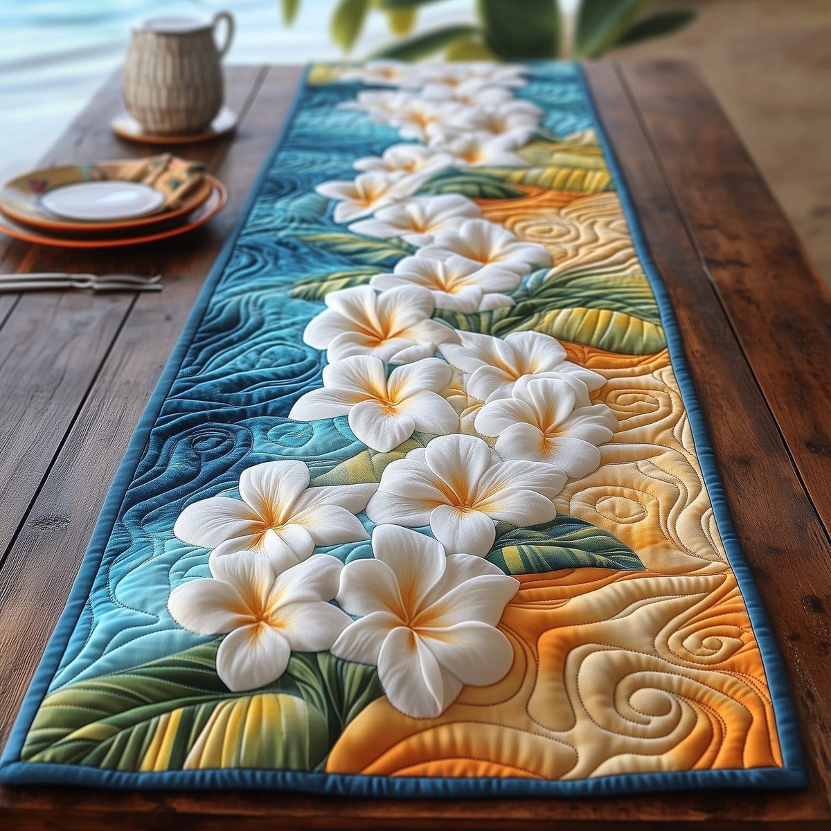 Row of White Plumeria on Teal Table Runner - Made to Order TABLE928