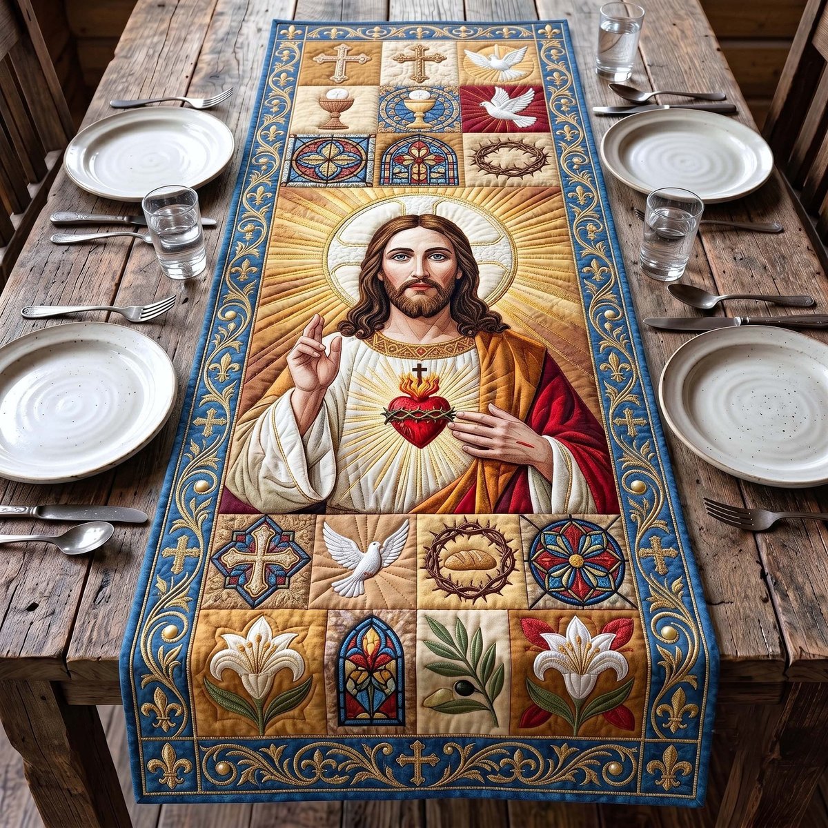 Sacred Heart Jesus Quilted Panels Table Runner - Made to Order TABLE928