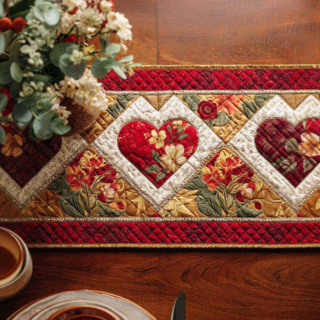 Red Heart with Flowers on Red Table Runner - Made to Order TABLE928