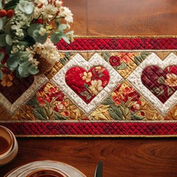 Red Heart with Flowers on Red Table Runner - Made to Order TABLE928