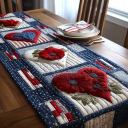 Red Poppies on Flag Panel Table Runner - Made to Order TABLE928