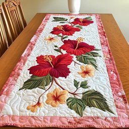 Red and Peach Hibiscus on White Table Runner - Made to Order TABLE928