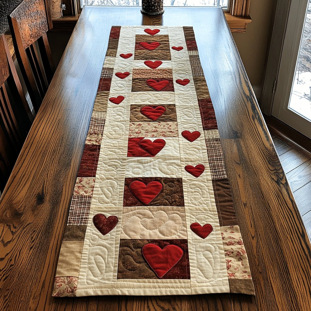 Red Hearts in Cream Blocks Table Runner - Made to Order TABLE928