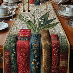 Red and Green Books with Lilies Table Runner - Made to Order TABLE928