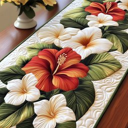 Red Hibiscus with White Blooms Table Runner - Made to Order TABLE928