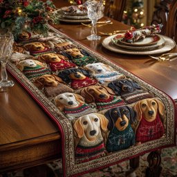 Row of Dachshunds in Sweaters Table Runner - Made to Order TABLE928