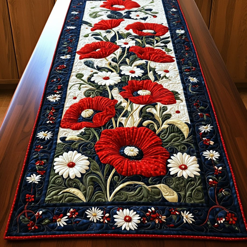Red Poppies and White Daisies on Navy Table Runner - Made to Order TABLE928