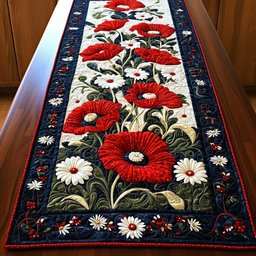 Red Poppies and White Daisies on Navy Table Runner - Made to Order TABLE928
