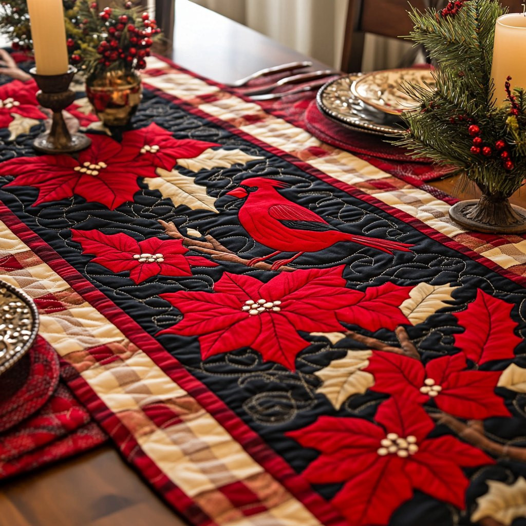 Red Poinsettias on Plaid Border Table Runner - Made to Order TABLE928