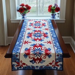 Red White Blue Folk Medallion Table Runner - Made to Order TABLE928