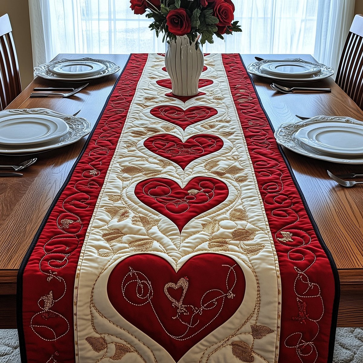 Red Hearts in a Row on Cream Table Runner - Made to Order TABLE928