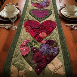 Rose Heart on Green Panel Table Runner - Made to Order TABLE928