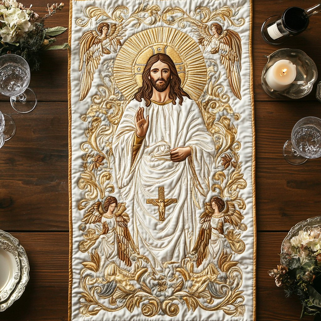 Robed Figure with Golden Angels Table Runner - Made to Order TABLE928
