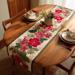 Red Flowers on Cream Border Table Runner - Made to Order TABLE928