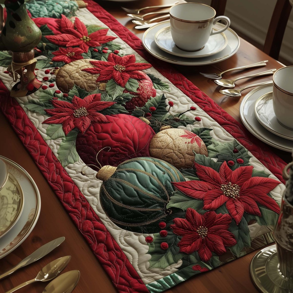 Red Baubles with Poinsettias Table Runner - Made to Order TABLE928