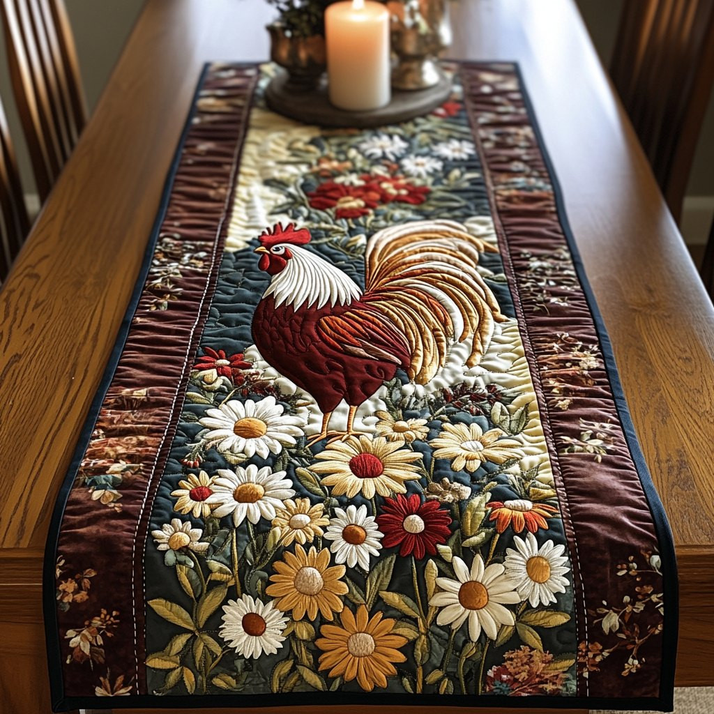 Rooster Among Daisies on Dark Green Table Runner - Made to Order TABLE928