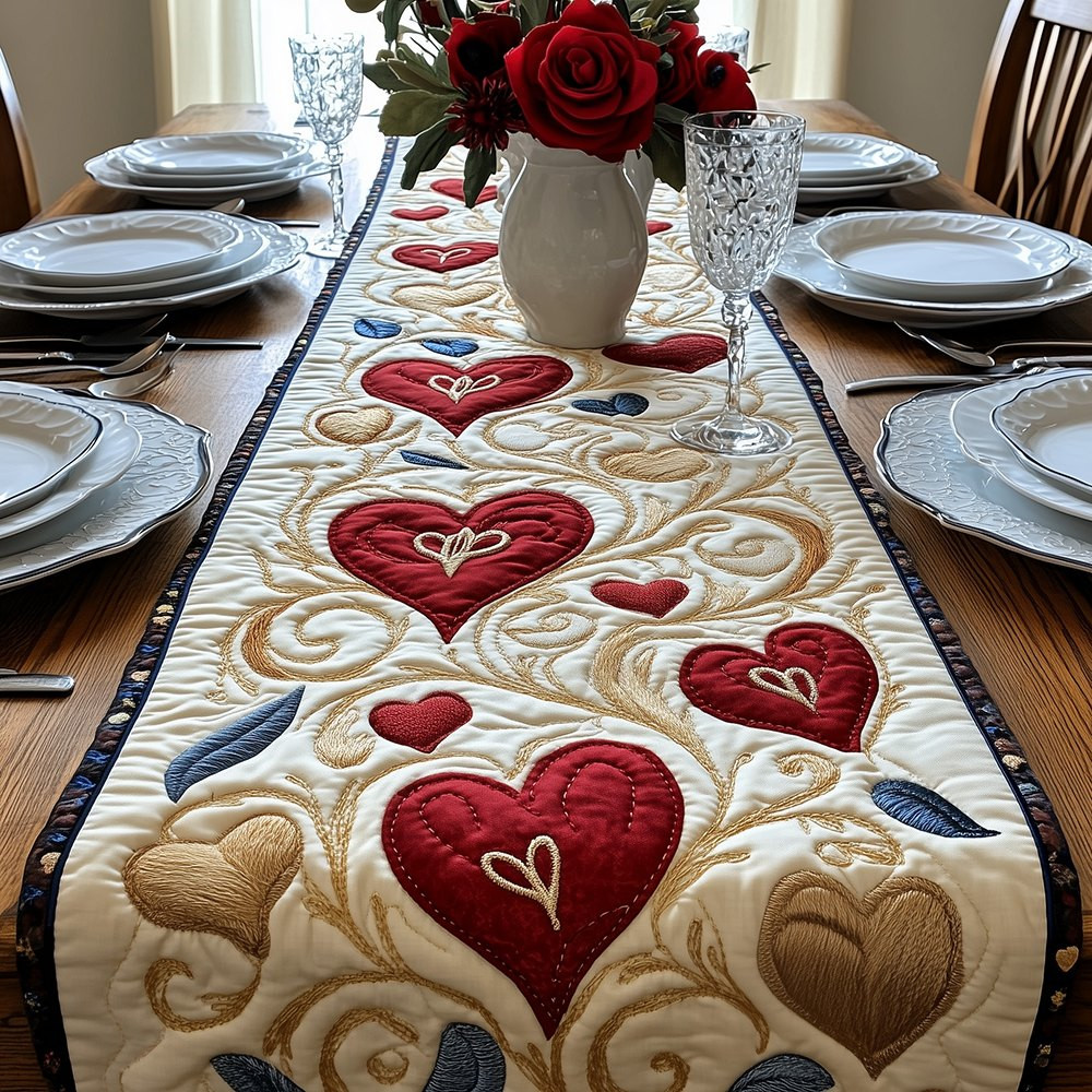 Red Hearts on Cream with Gold Scroll Table Runner - Made to Order TABLE928