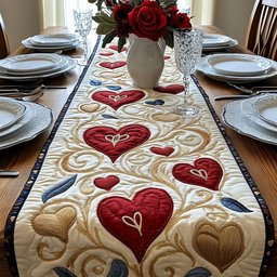 Red Hearts on Cream with Gold Scroll Table Runner - Made to Order TABLE928
