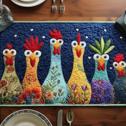 Row of Colorful Folk Chickens Table Runner - Made to Order TABLE928