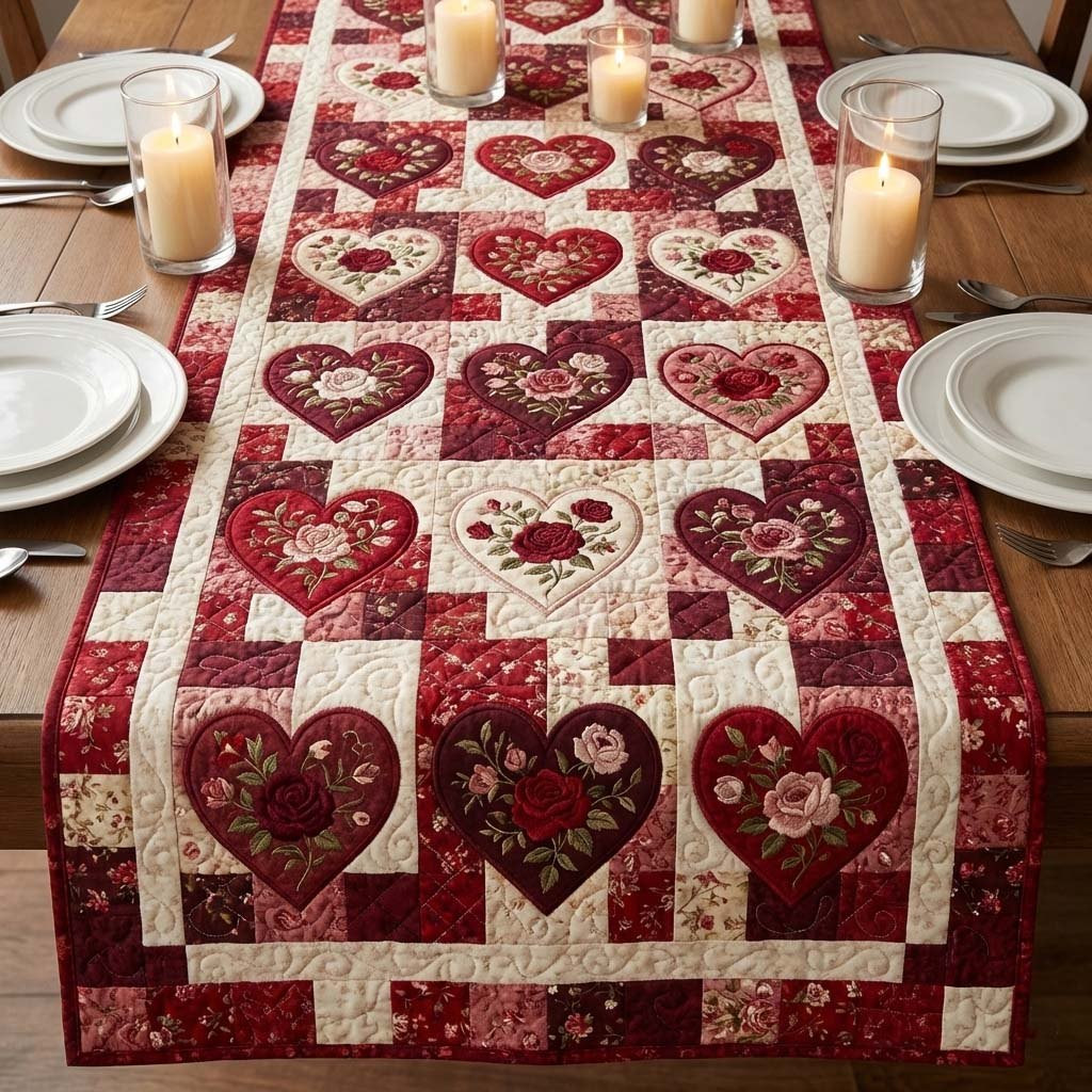 Red Calico Hearts on Cream Table Runner - Made to Order TABLE928