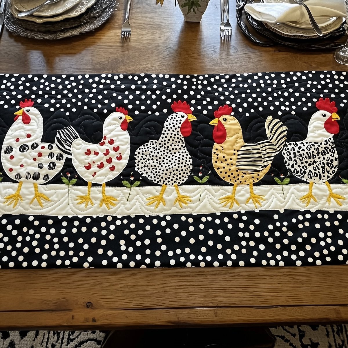 Row of Hens on White Dots Table Runner - Made to Order TABLE928