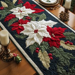Red and White Poinsettias on Green Table Runner - Made to Order TABLE928