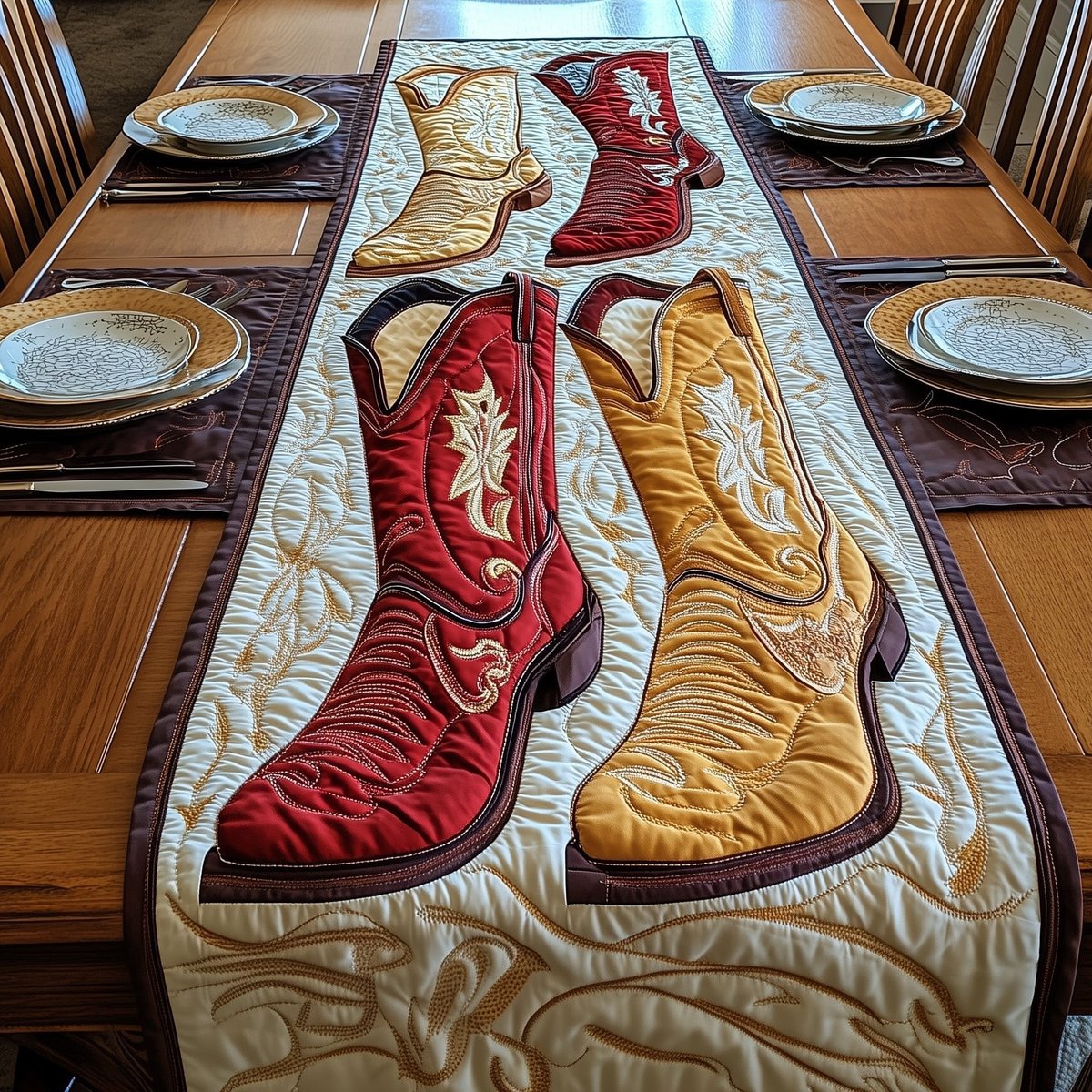 Red Boot with Cream Boot Table Runner - Made to Order TABLE928