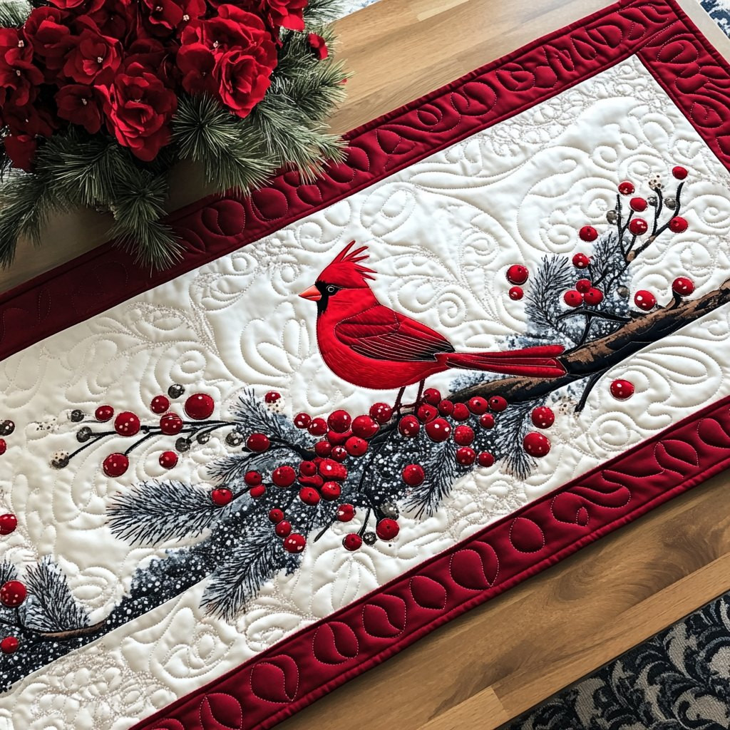 Red Feathered Winter Table Runner - Made to Order TABLE928