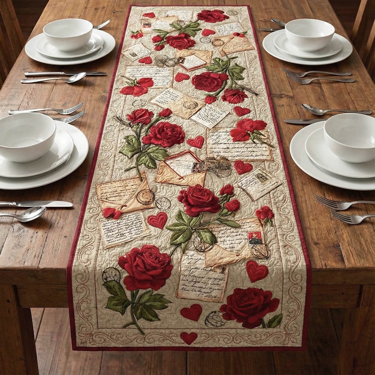 Red Roses with Love Letters Table Runner - Made to Order TABLE928