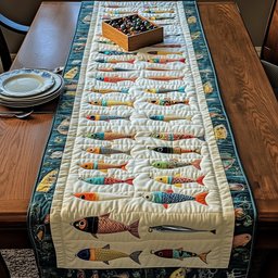 Rows of Colorful Fish on Cream Table Runner - Made to Order TABLE928
