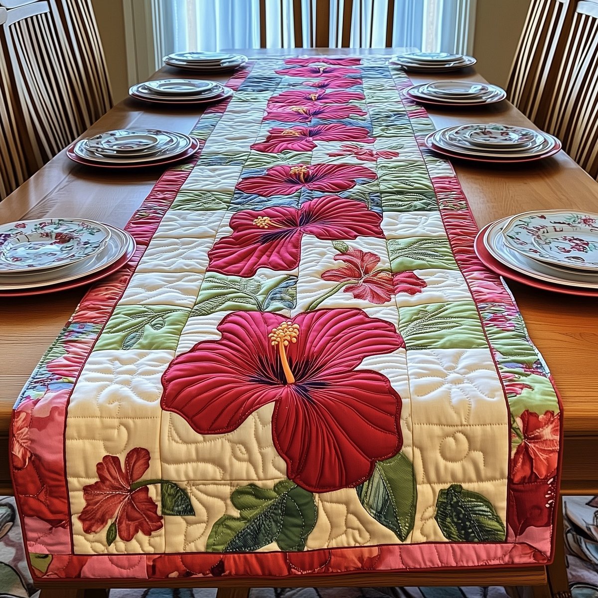 Red Hibiscus on Cream Blocks Table Runner - Made to Order TABLE928