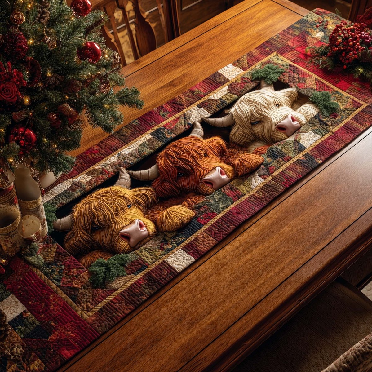 Resting Highland Cows on Patchwork Table Runner - Made to Order TABLE928