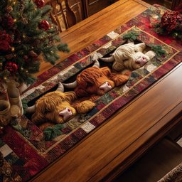 Resting Highland Cows on Patchwork Table Runner - Made to Order TABLE928