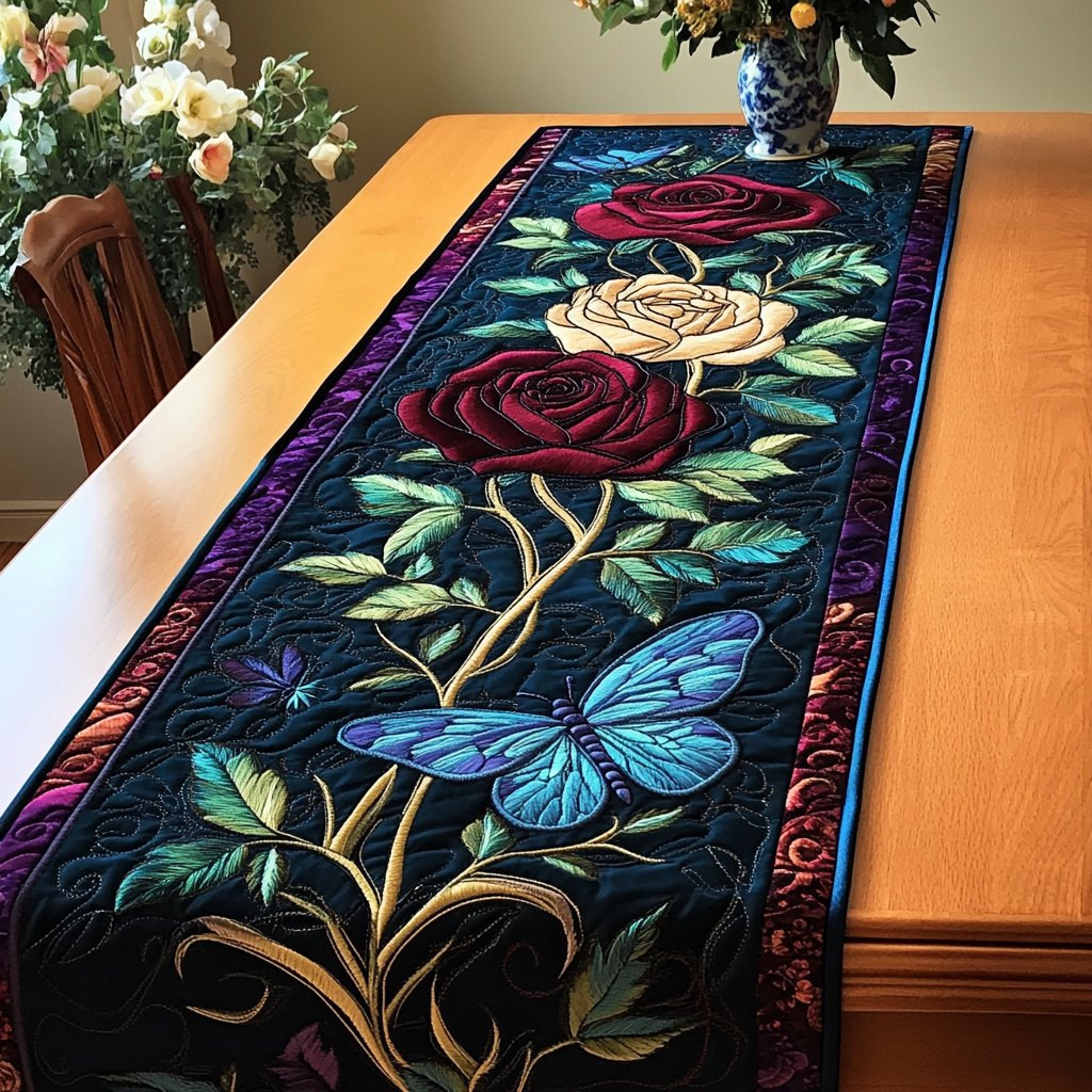 Red Rose with Blue Dragonfly Table Runner - Made to Order TABLE928