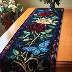 Red Rose with Blue Dragonfly Table Runner - Made to Order TABLE928