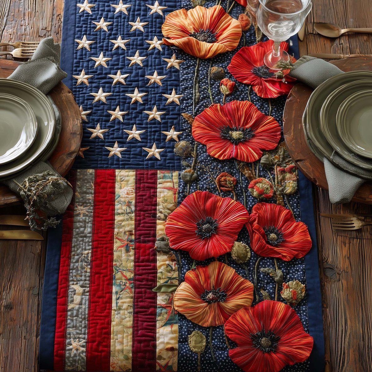 Red Poppies on Flag Stripes Table Runner - Made to Order TABLE928