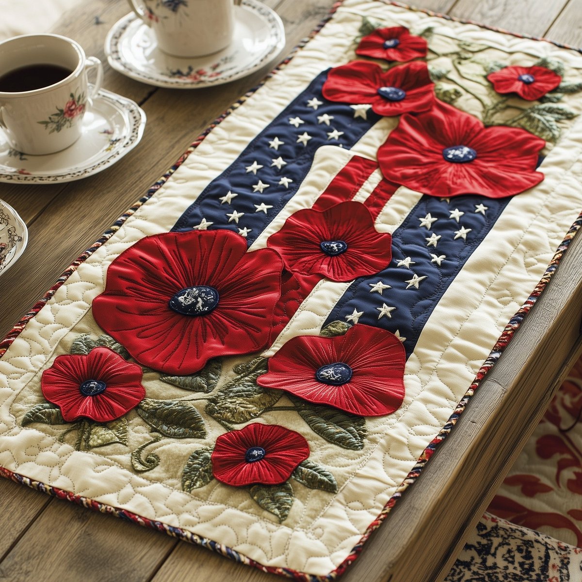 Red Poppies on Star Spangled Stripes Table Runner - Made to Order TABLE928