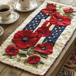 Red Poppies on Star Spangled Stripes Table Runner - Made to Order TABLE928