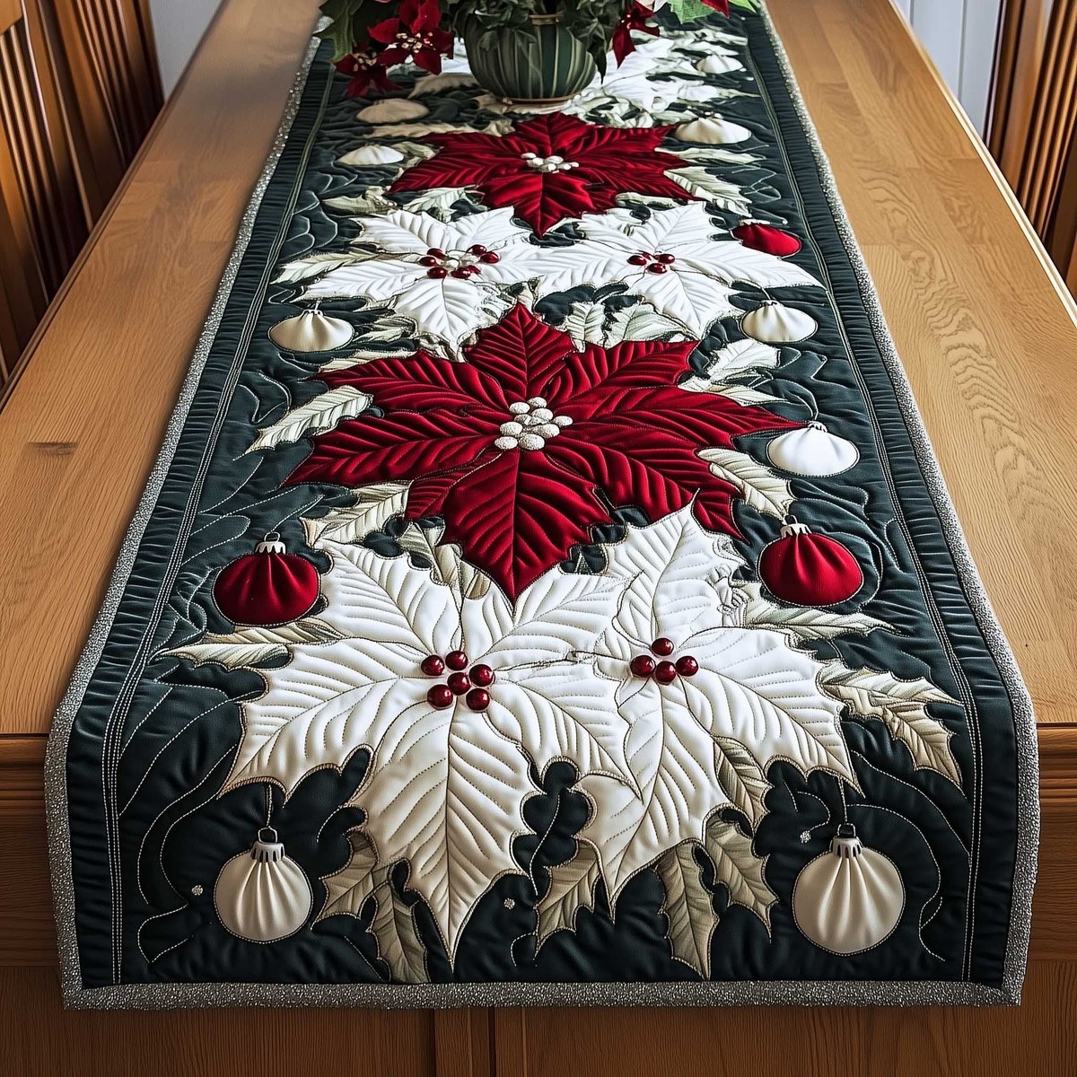 Red Poinsettia with Silver Ornaments Table Runner - Made to Order TABLE928