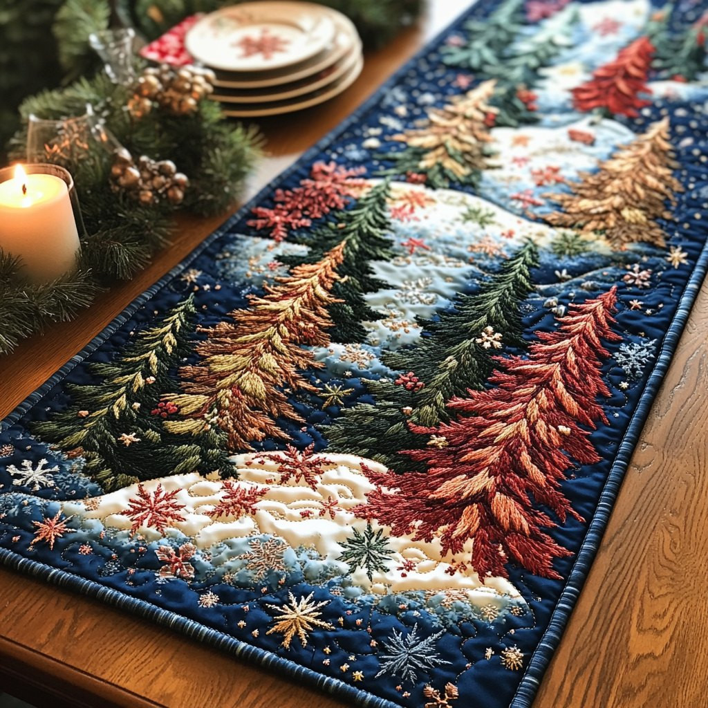 Red and Green Pines in the Snow Table Runner - Made to Order TABLE928