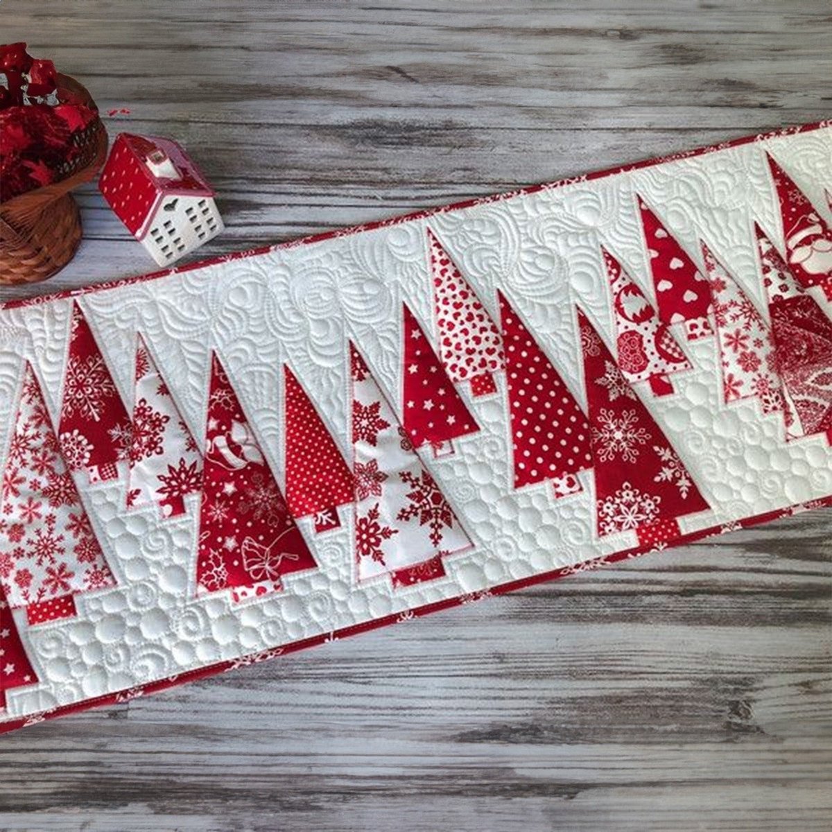 Red Patterned Trees on White Table Runner - Made to Order TABLE928
