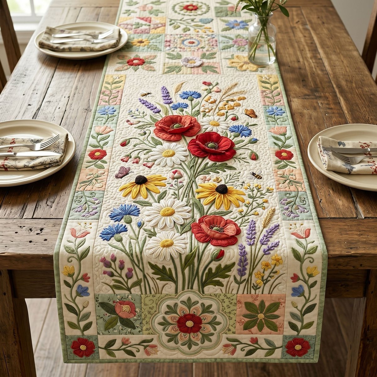 Red Poppies and Wildflowers on Cream Table Runner - Made to Order TABLE928