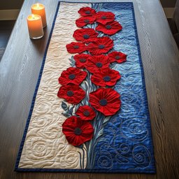 Red Poppies on Blue Swirl Border Table Runner - Made to Order TABLE928